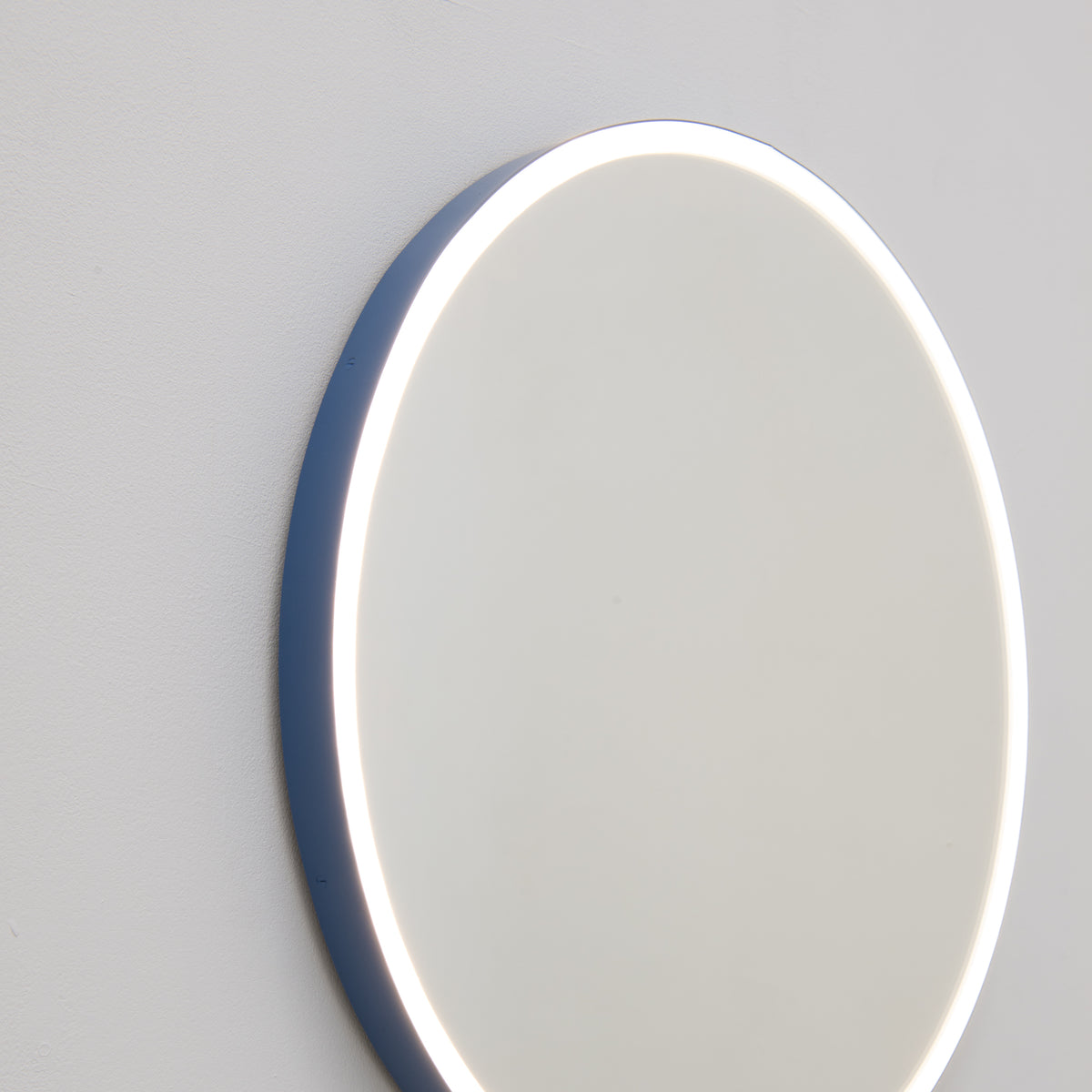 Orbis™ Front Illuminated Modern Round Mirror with a Blue Frame