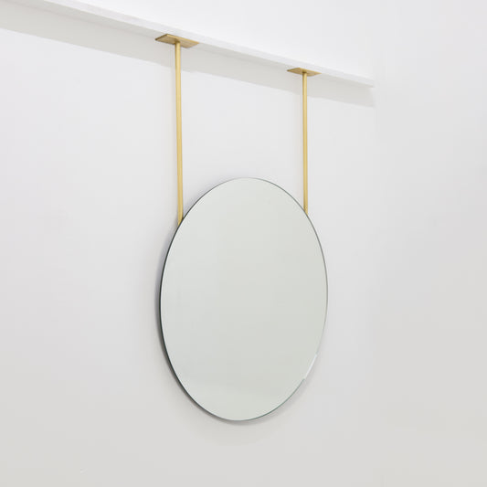 Orbis™ Frameless Ceiling Hanging Suspended Round Mirror with Two Brass Arms