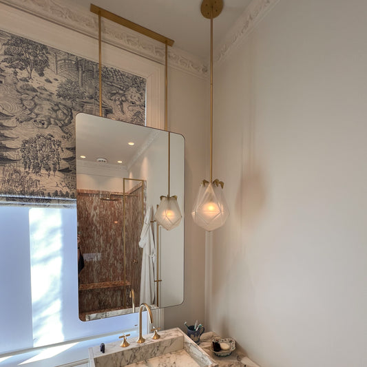 Modern Ceiling Hanging Suspended Rectangular Mirror with Brushed Brass Frame