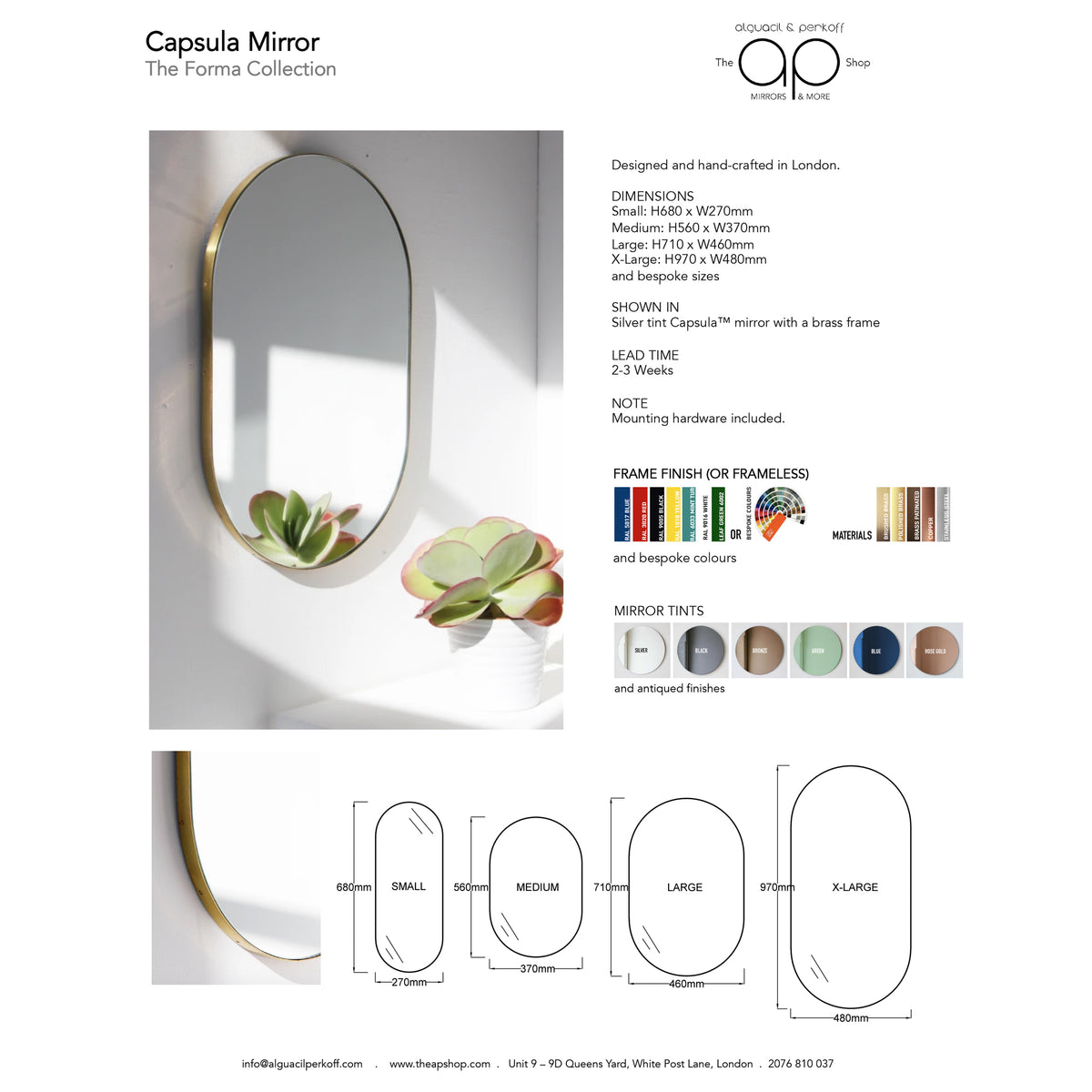 Capsula™ Suspended Capsule shaped Bathroom Mirror with a Brushed Brass Frame