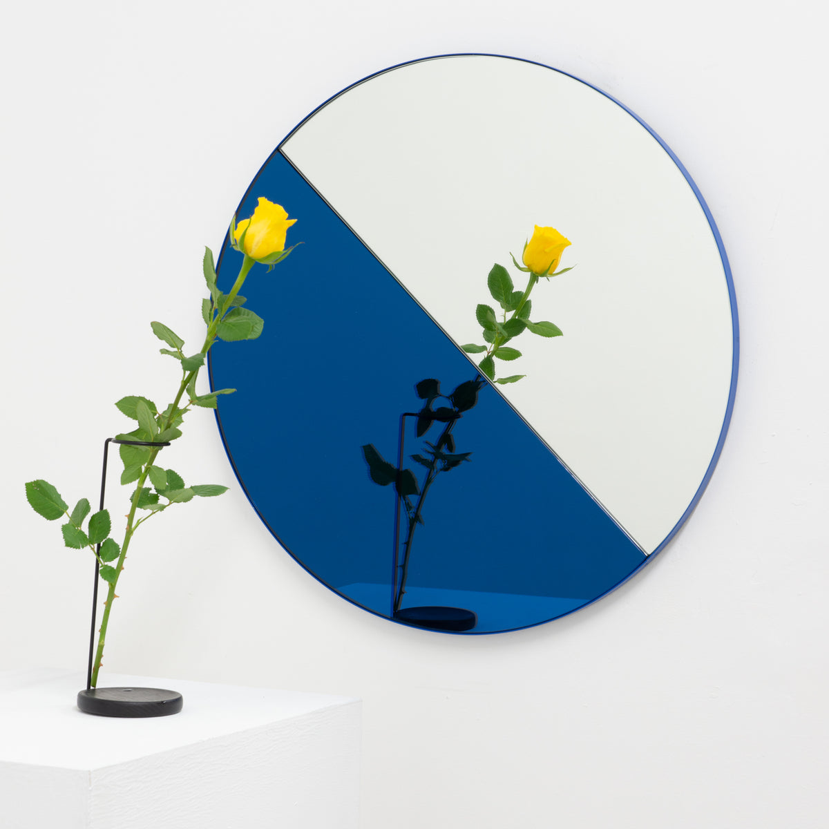 Orbis Dualis™ Mixed Tint (Blue + Silver) Contemporary Round Mirror with Blue Frame