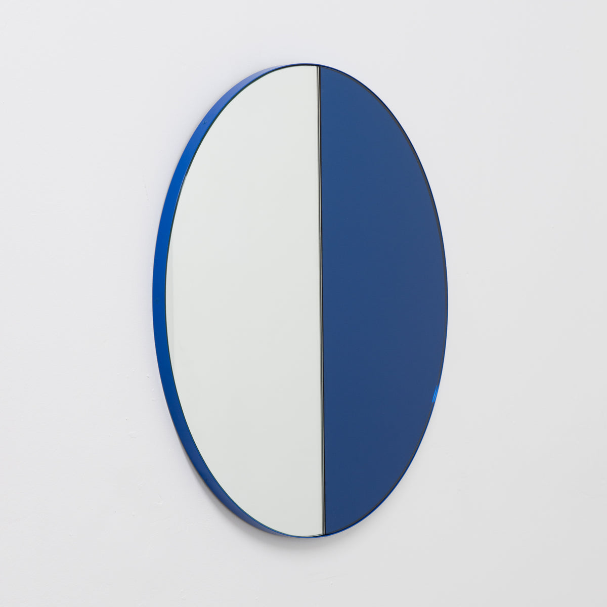 Orbis Dualis™ Mixed Tint (Blue + Silver) Contemporary Round Mirror with Blue Frame