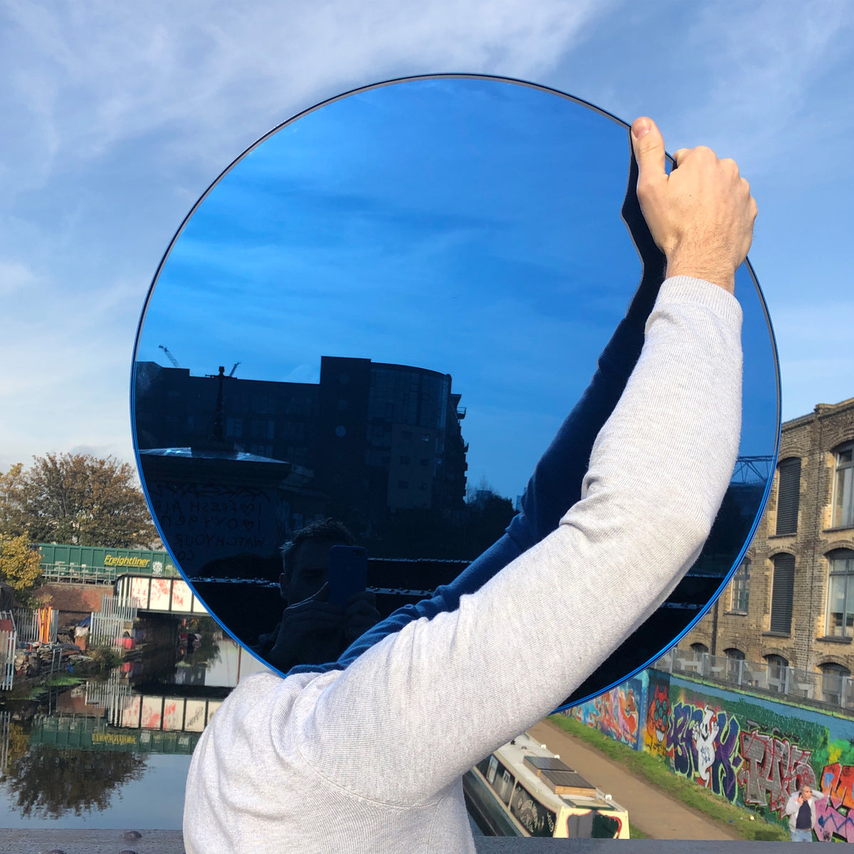 Orbis™ Round Blue Tinted Contemporary Mirror with Blue Frame