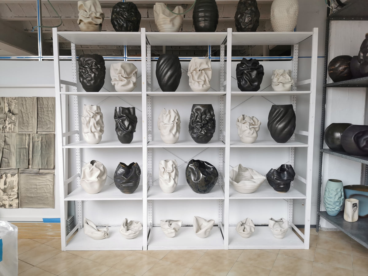 Unique Ceramic Sculpture Vessel, Medium Tall White Undulating Crumpled Form N.51, Objet d'Art