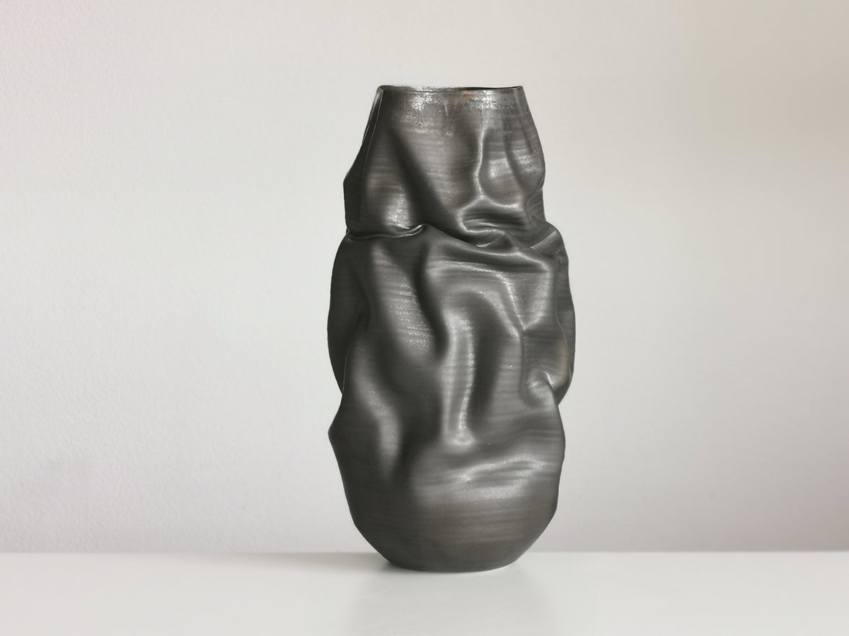 Unique Ceramic Sculpture Tall Crumpled Black Form N.68