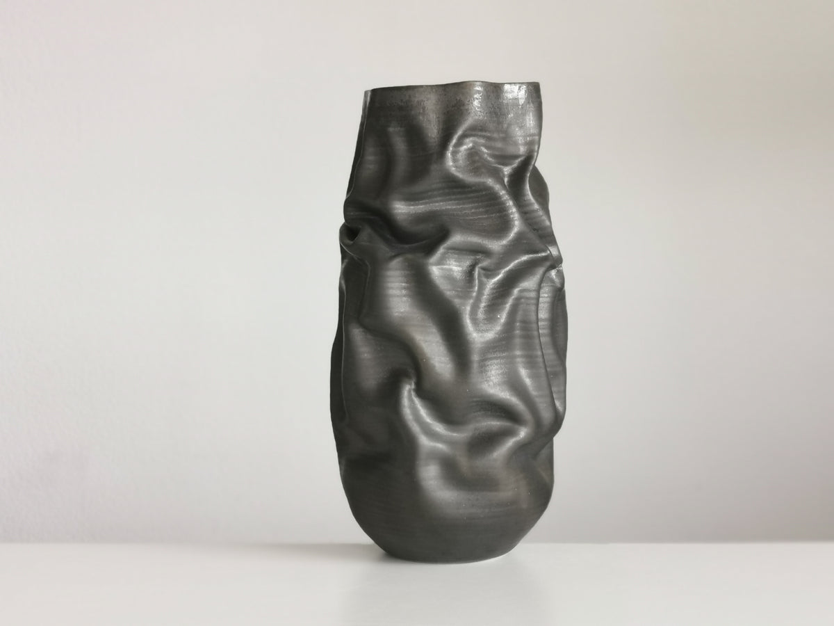 Unique Ceramic Sculpture Tall Crumpled Black Form N.68