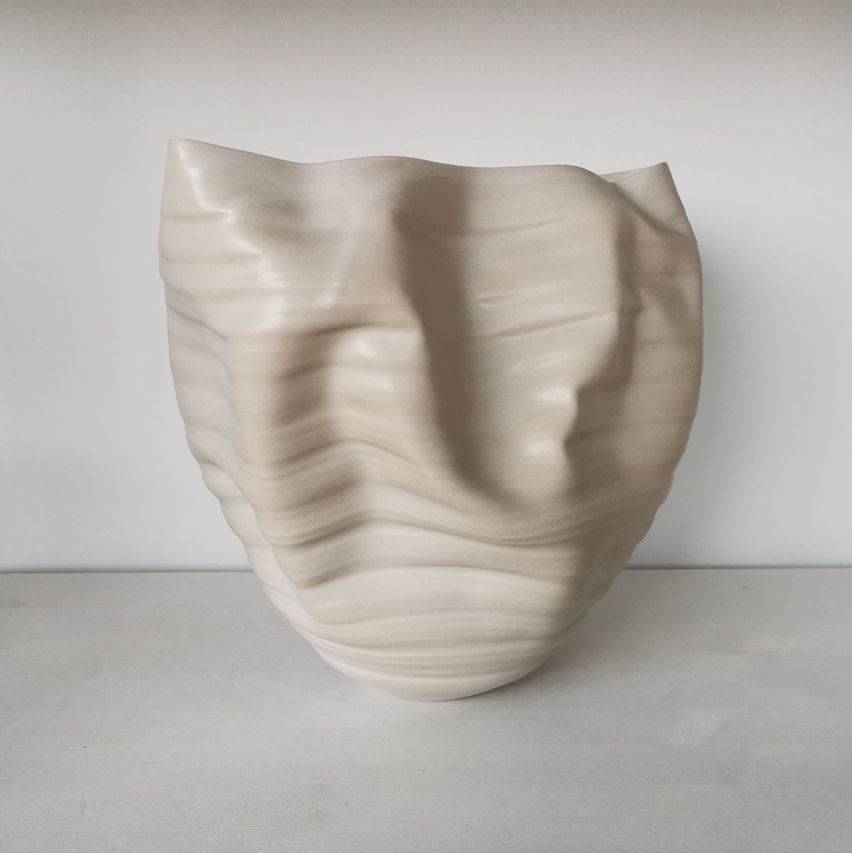White Ribbed Undulating Form v2 N.22, Ceramic Sculpture, Objet D'Art