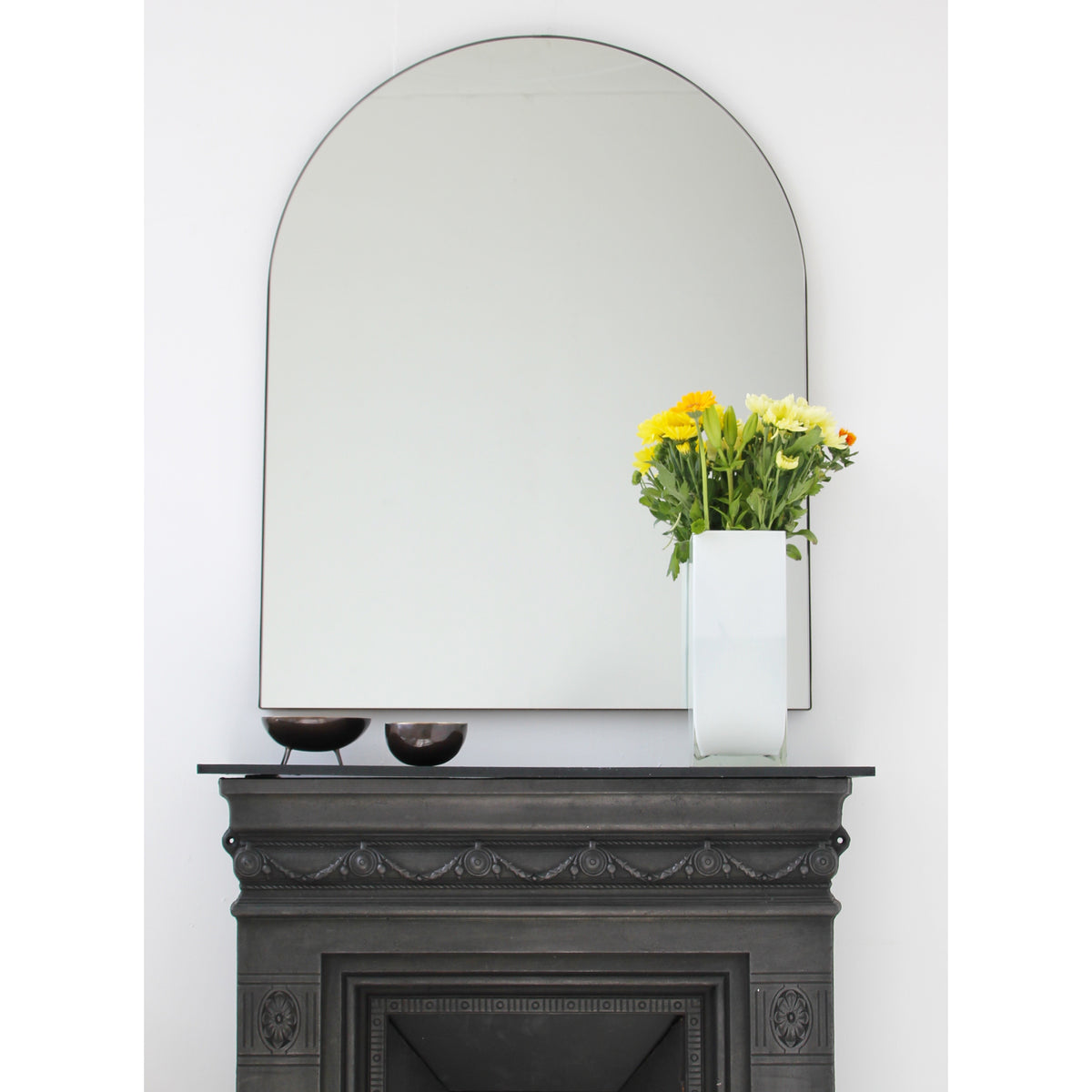Arcus™ Arch shaped Overmantel Mirror with Contemporary Bronze Patina Frame