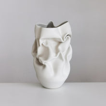 Unique Ceramic Sculpture Vessel Medium Tall White Crumpled Form N.52, Objet d'Art