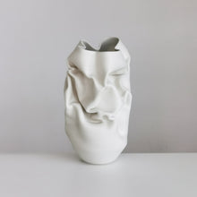 Unique Ceramic Sculpture Vessel Medium Tall White Crumpled Form N.52, Objet d'Art