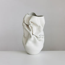 Unique Ceramic Sculpture Vessel Medium Tall White Crumpled Form N.52, Objet d'Art