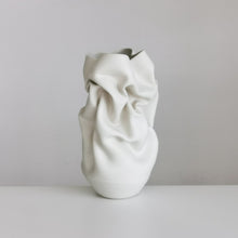 Unique Ceramic Sculpture Vessel Medium Tall White Crumpled Form N.52, Objet d'Art
