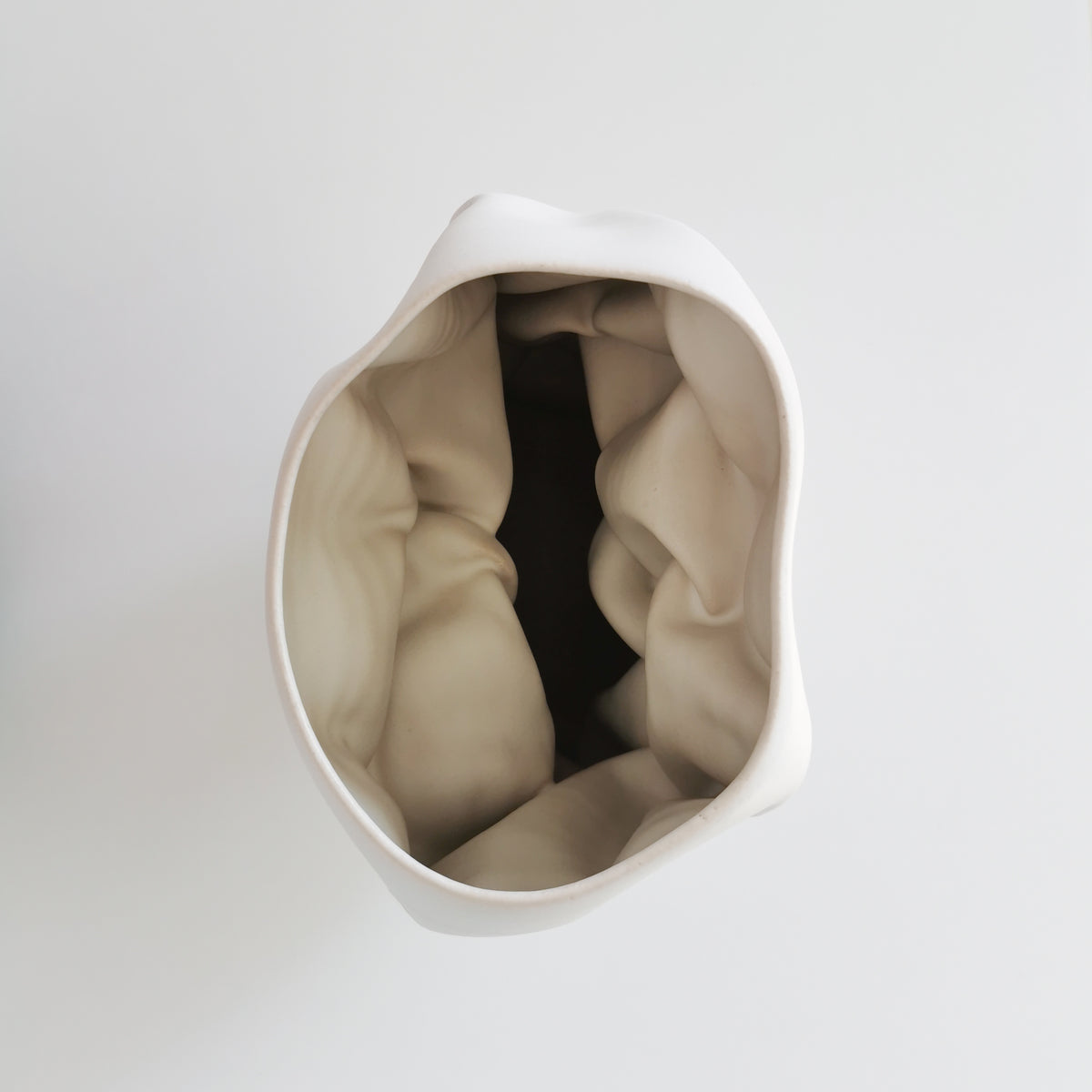 Unique Ceramic Sculpture Vessel Medium Tall White Crumpled Form N.50, Objet d'Art