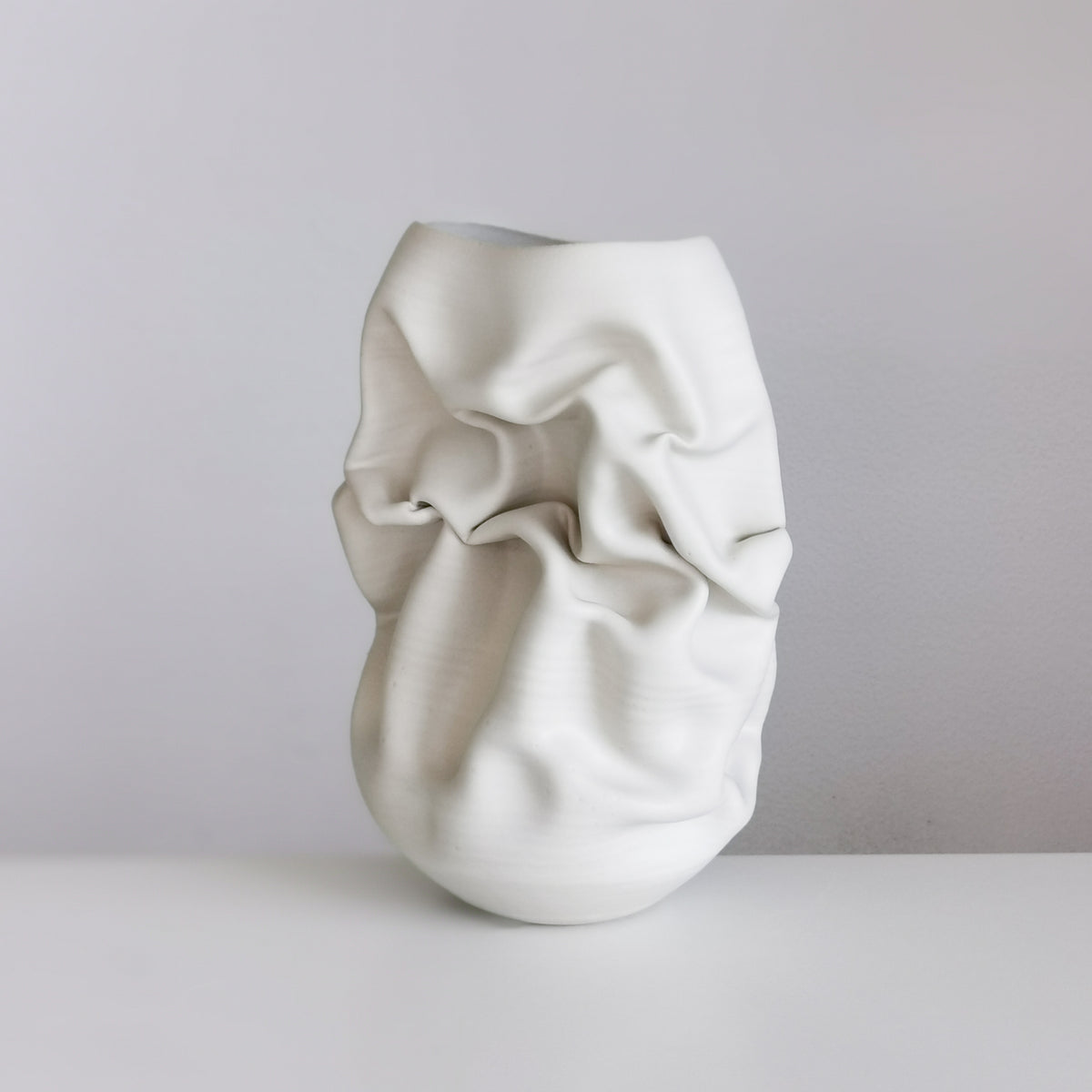 Unique Ceramic Sculpture Vessel Medium Tall White Crumpled Form N.50, Objet d'Art