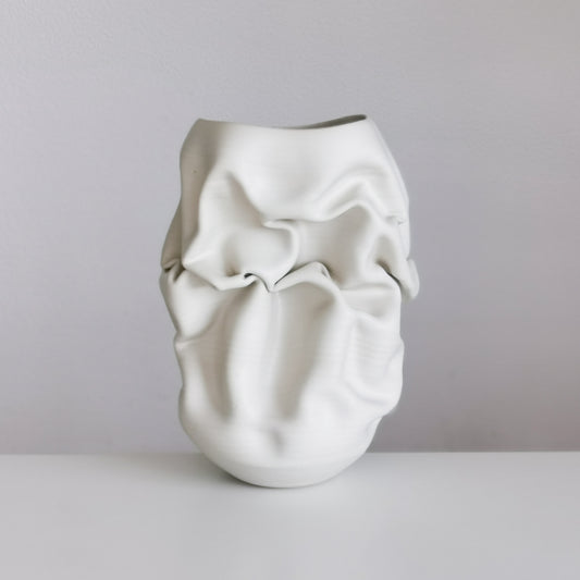 Unique Ceramic Sculpture Vessel Medium Tall White Crumpled Form N.50, Objet d'Art