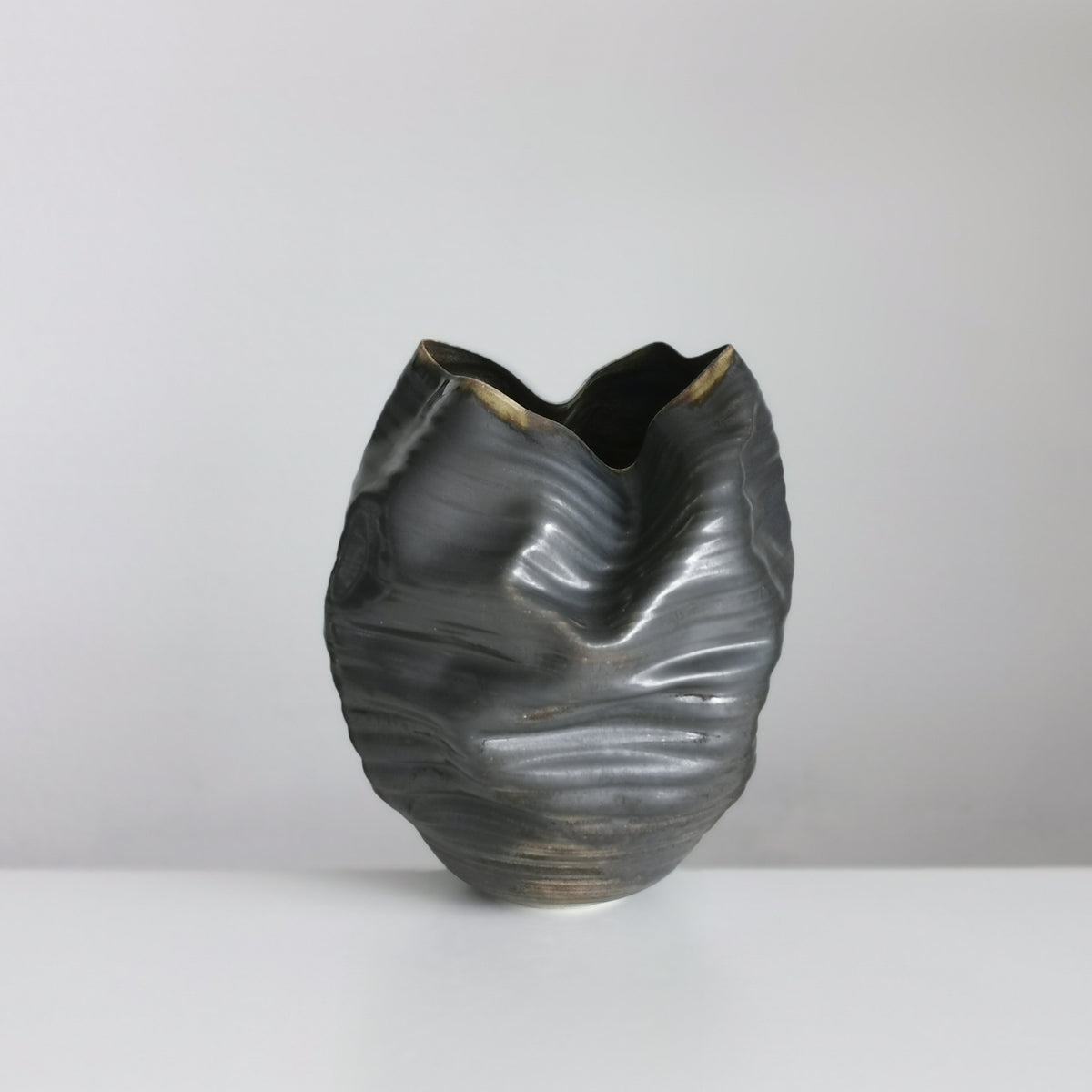 Unique Ceramic Sculpture Vessel, Black Ribbed Undulating Form N.58, Objet d'Art