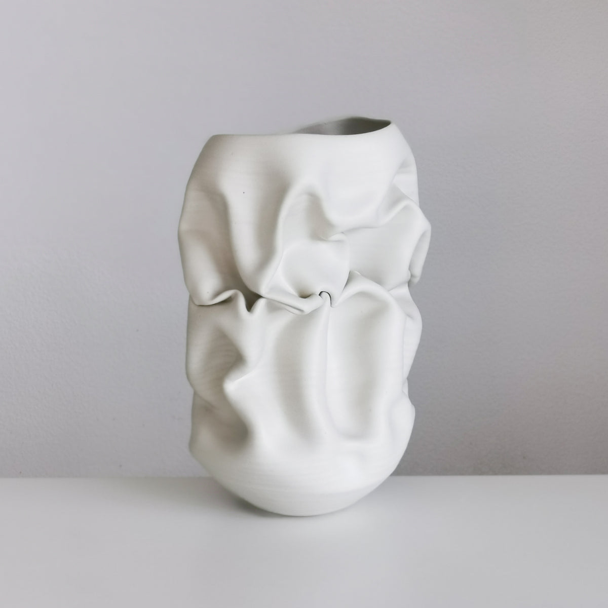 Unique Ceramic Sculpture Vessel Medium Tall White Crumpled Form N.50, Objet d'Art