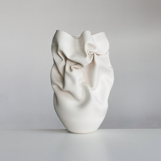 Unique Ceramic Sculpture Vessel Medium Tall White Crumpled Form N.52, Objet d'Art