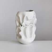 Unique Ceramic Sculpture Vessel Medium Tall White Crumpled Form N.50, Objet d'Art