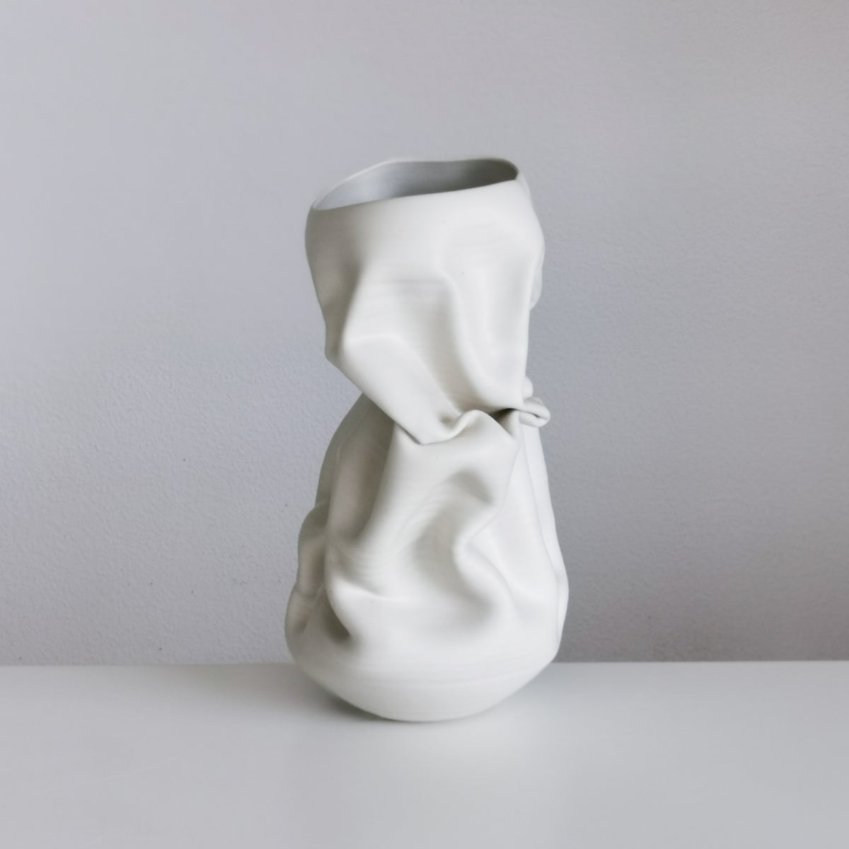 Unique Ceramic Sculpture Vessel Medium Tall White Crumpled Form N.50, Objet d'Art