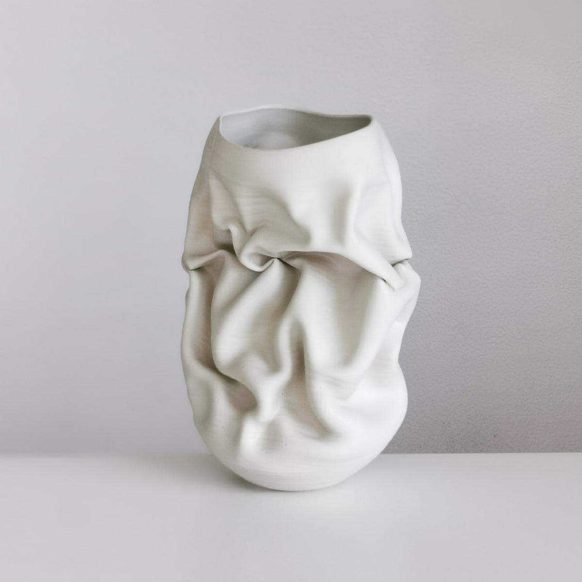 Unique Ceramic Sculpture Vessel Medium Tall White Crumpled Form N.50, Objet d'Art
