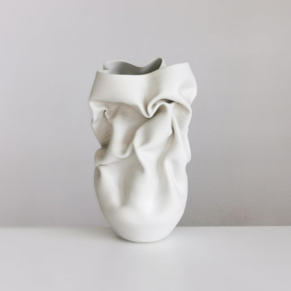 Unique Ceramic Sculpture Vessel Medium Tall White Crumpled Form N.52, Objet d'Art