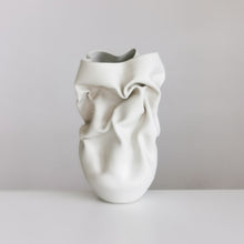 Unique Ceramic Sculpture Vessel Medium Tall White Crumpled Form N.52, Objet d'Art