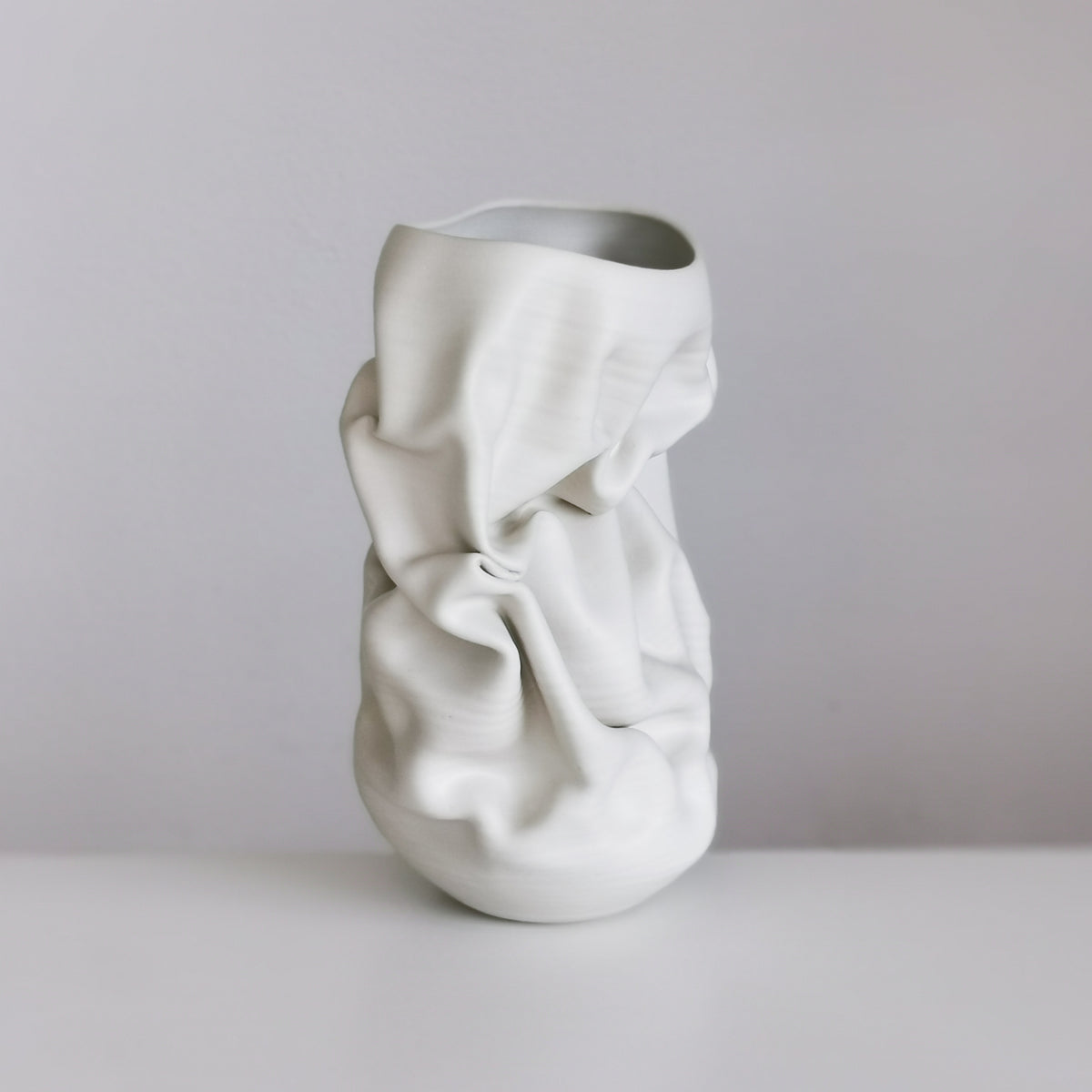 Unique Ceramic Sculpture Vessel Medium Tall White Crumpled Form N.50, Objet d'Art