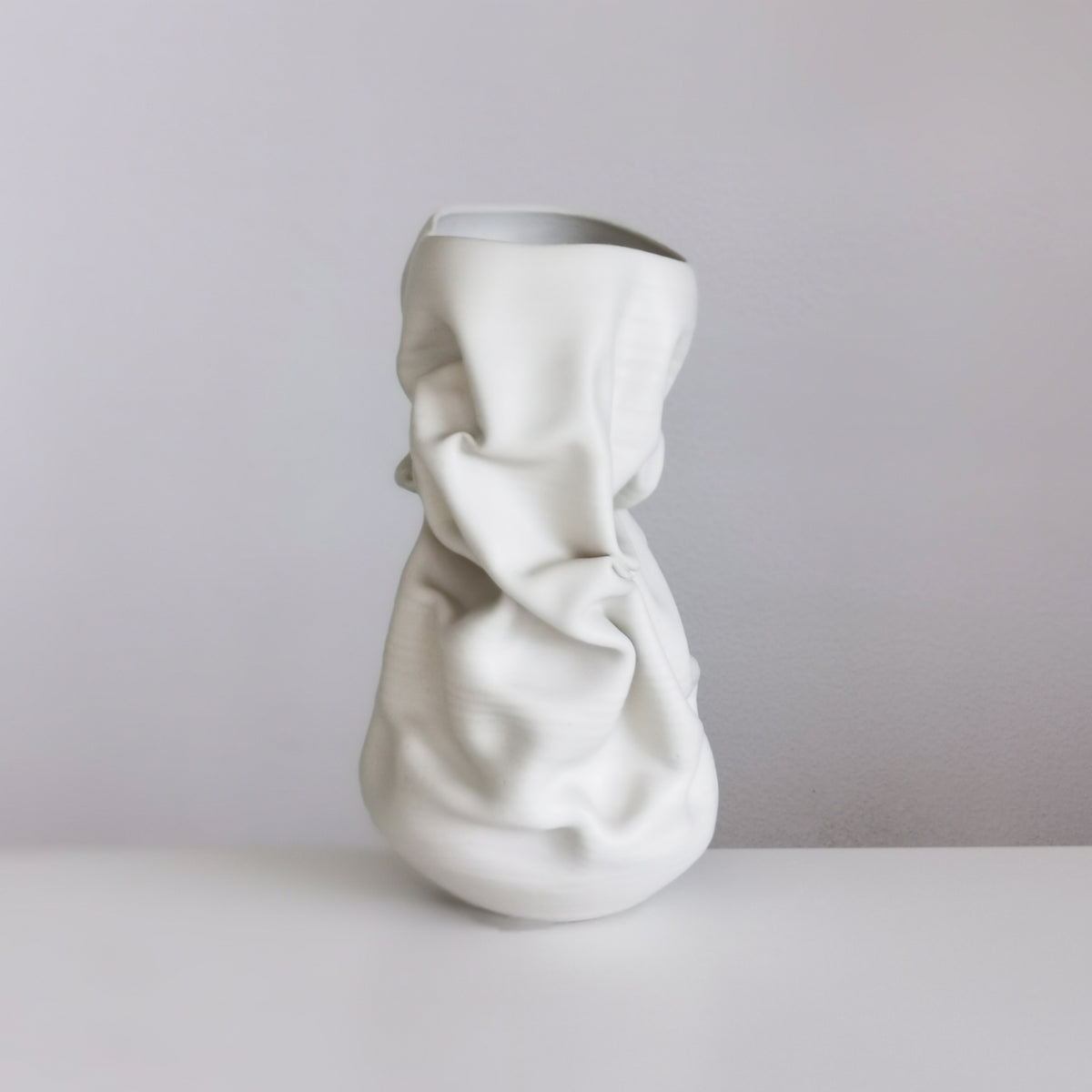 Unique Ceramic Sculpture Vessel Medium Tall White Crumpled Form N.50, Objet d'Art