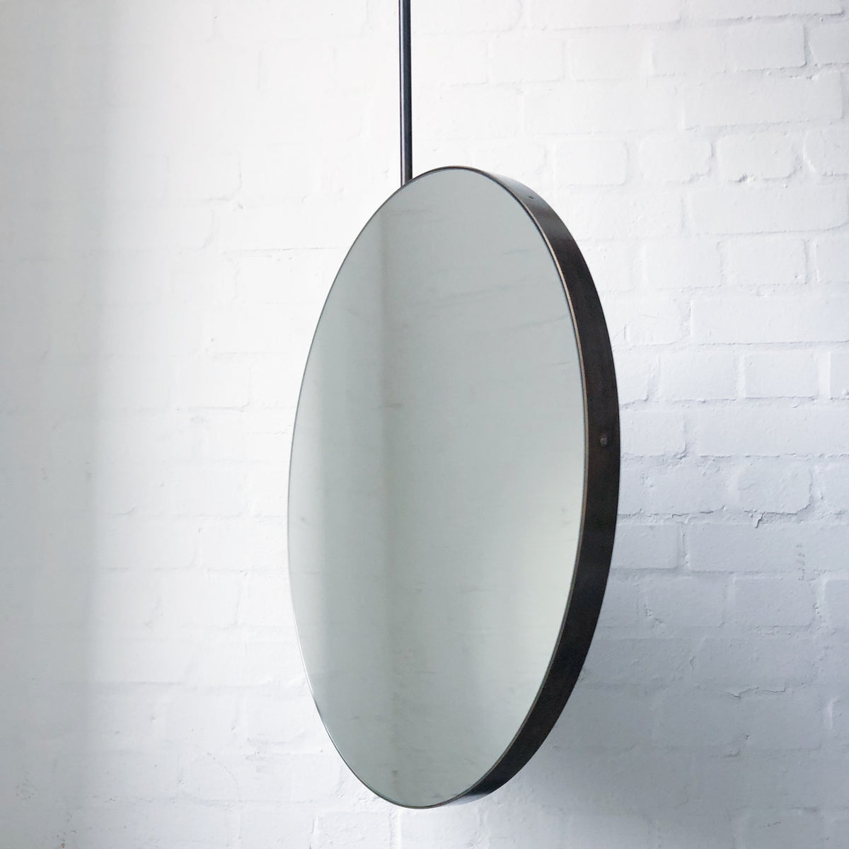 Orbis™ Ceiling Suspended Round Art Deco Mirror with Bronze Patina Brass Frame