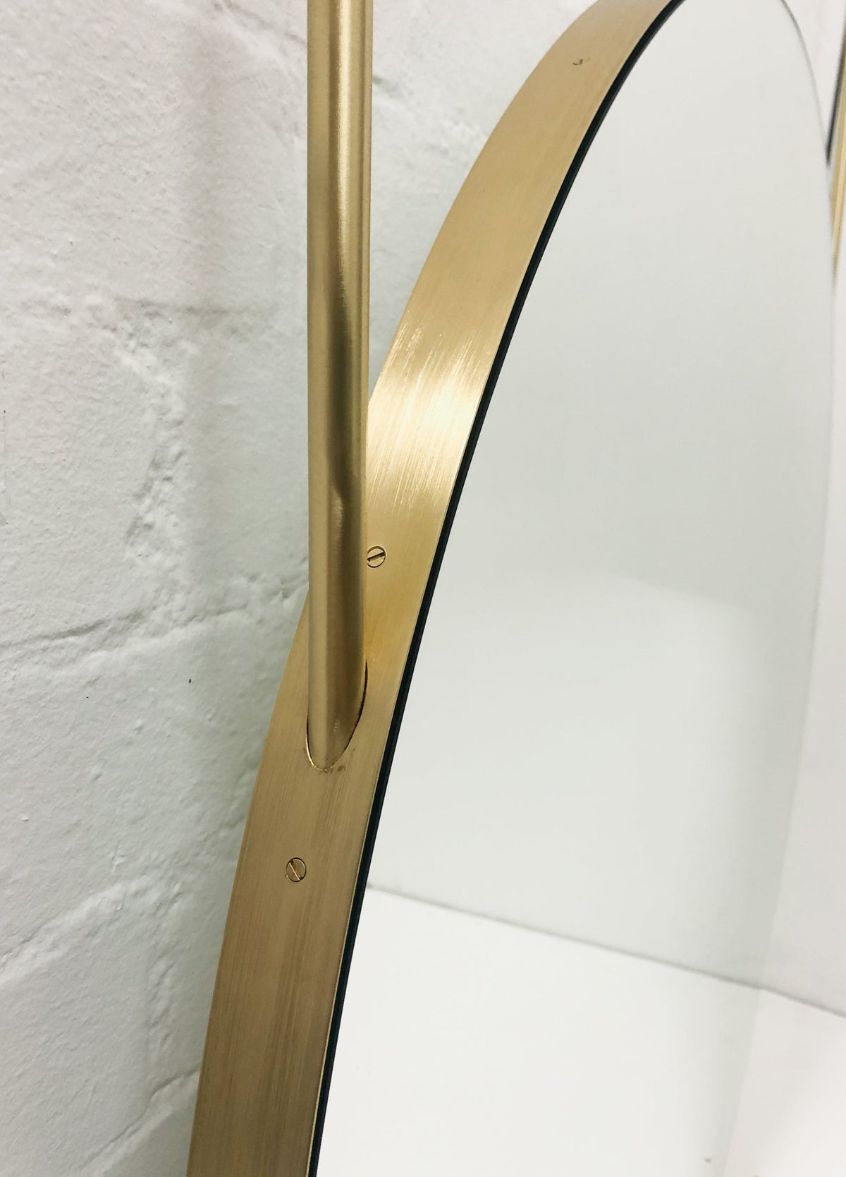 Orbis™ Ceiling Suspended Round Mirror with Brushed Brass Frame and Two Arms