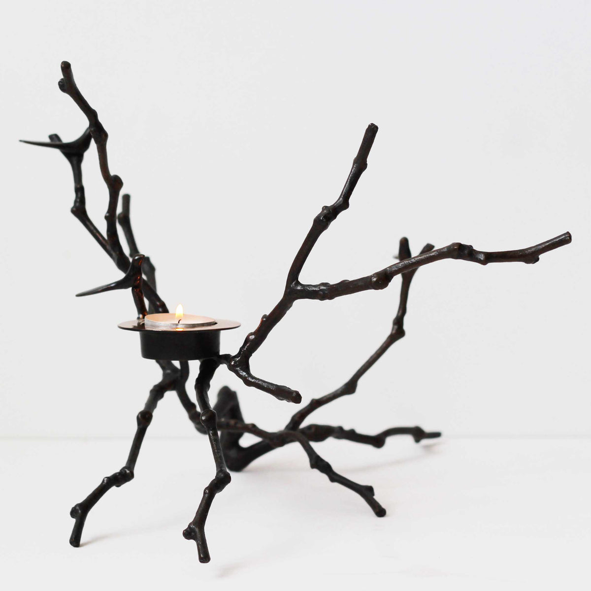 Bronze Cast Magnolia Twig Tealight Candle Holder With Dark Patina, Tall