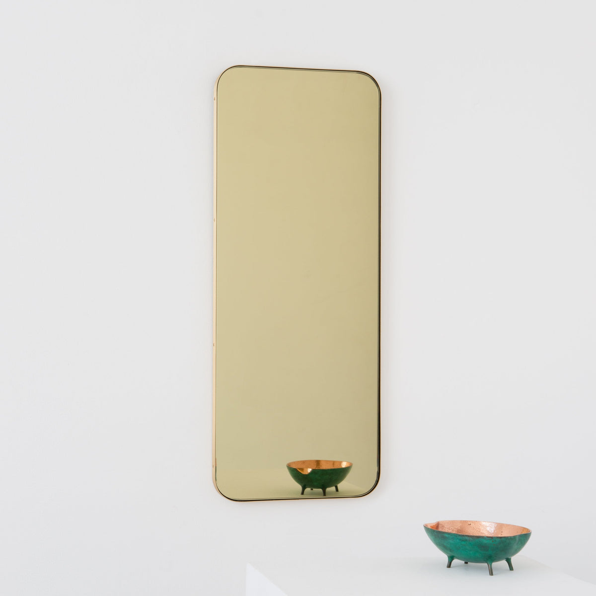 In Stock Quadris Rectangular Gold Tinted Contemporary Mirror with a Brass Frame