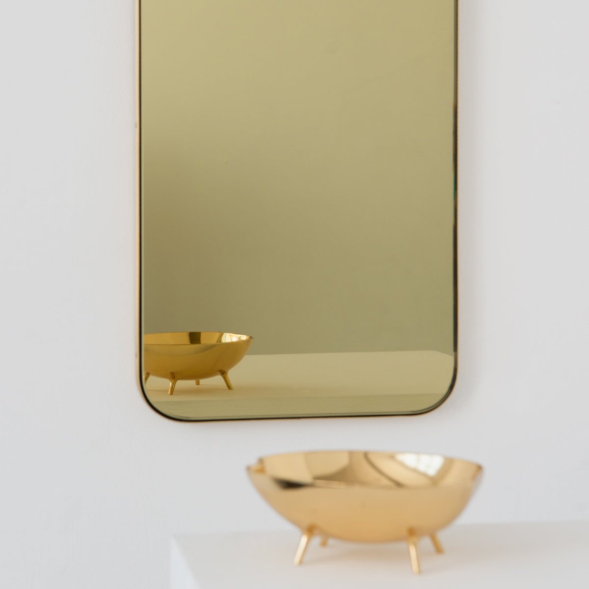 In Stock Quadris Rectangular Gold Tinted Contemporary Mirror with a Brass Frame