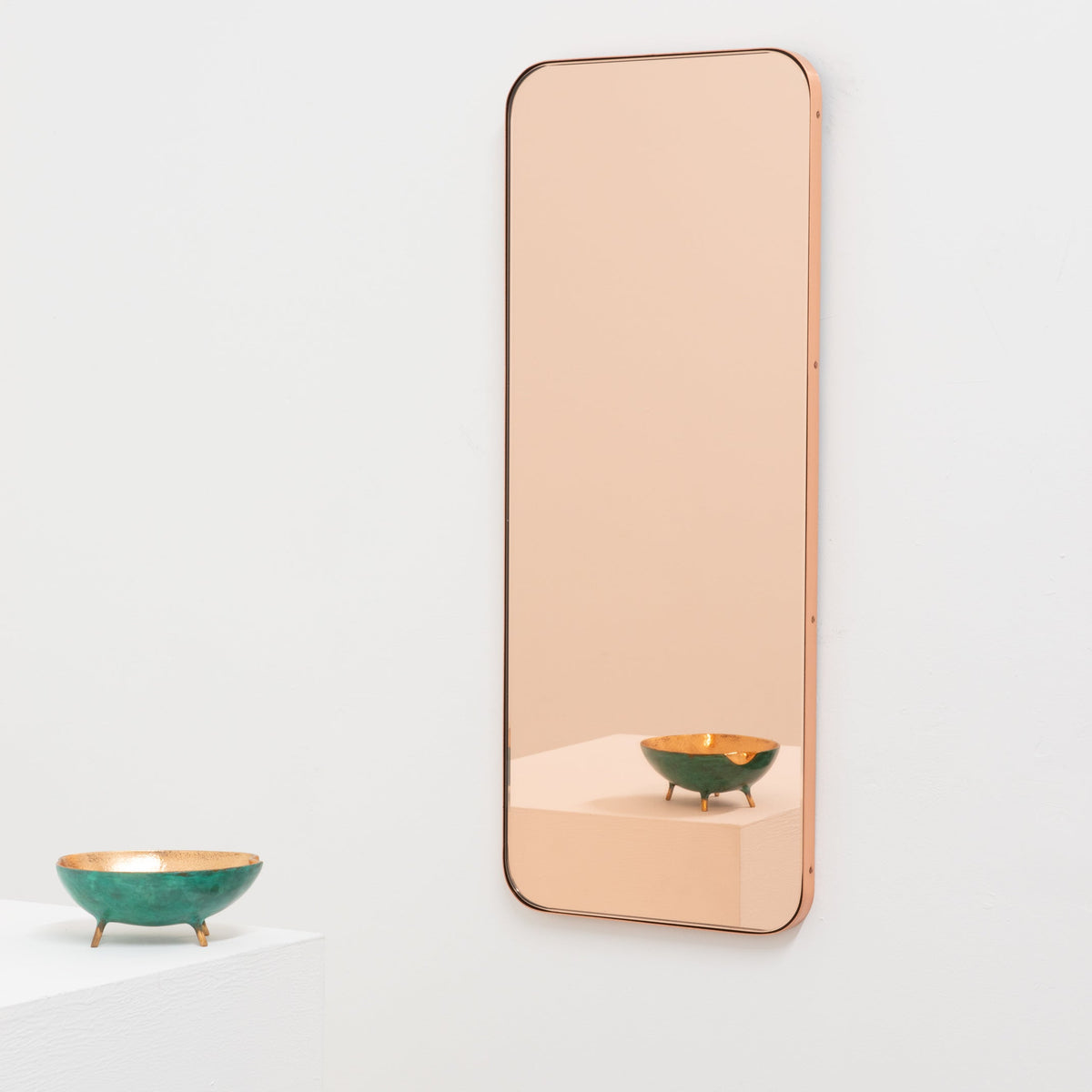 In Stock Quadris Rectangular Rose Gold Minimalist Mirror with a Copper Frame