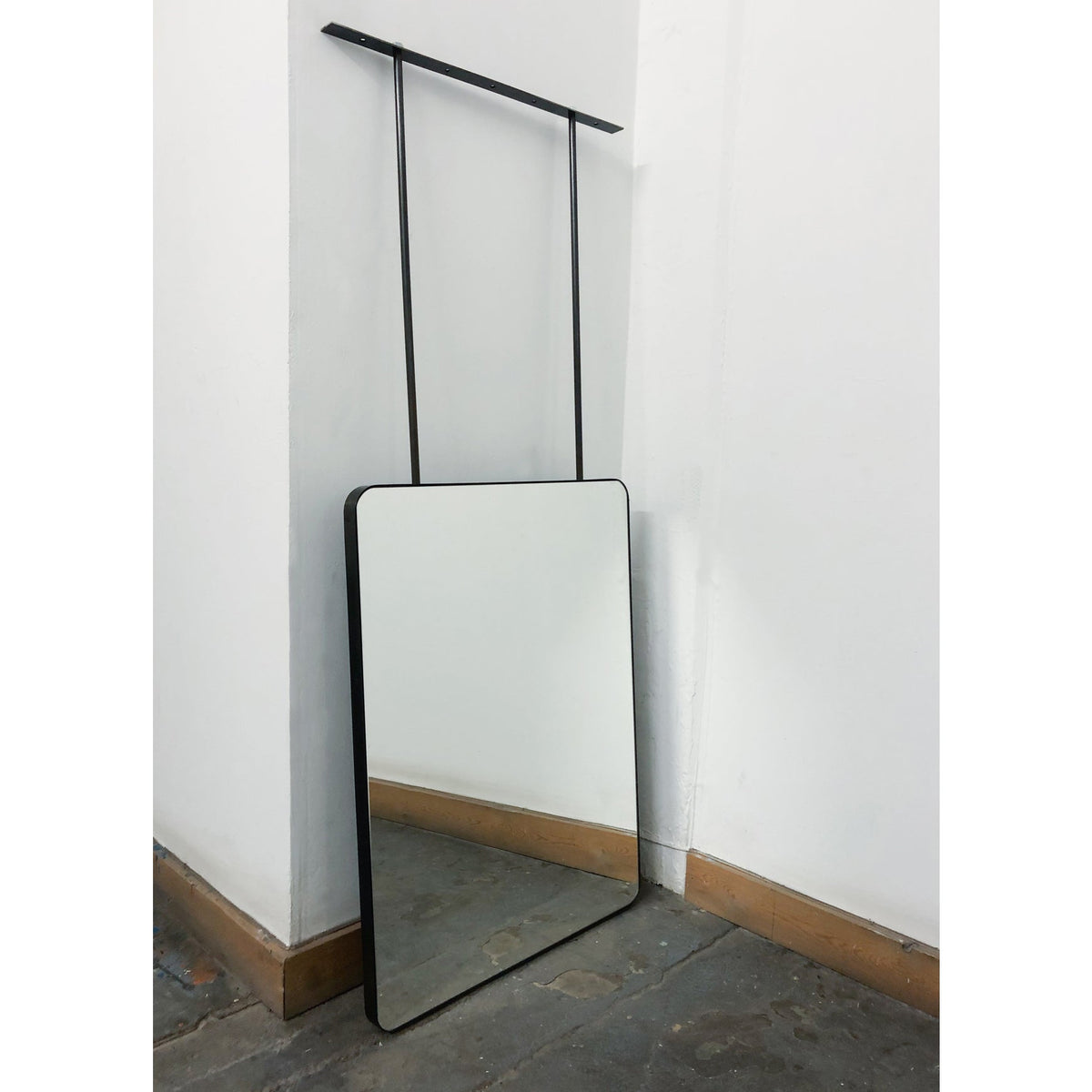 Bespoke Quadris Suspended Rectangular Mirror with Blackened Stainless Steel Frame and Two Rods (812 x 609 x 30)