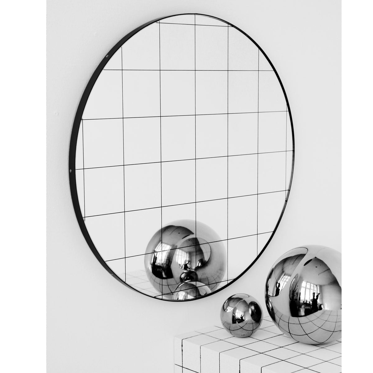 Orbis™ Black Grid Round Minimalist Modern Mirror with Black Frame