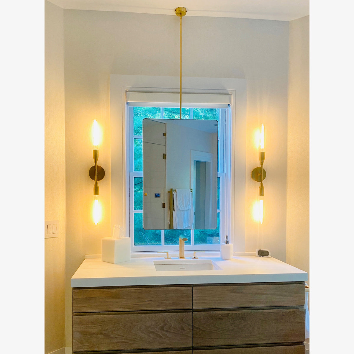 Ceiling Suspended Rectangular Bathroom Mirror with Brass Frame