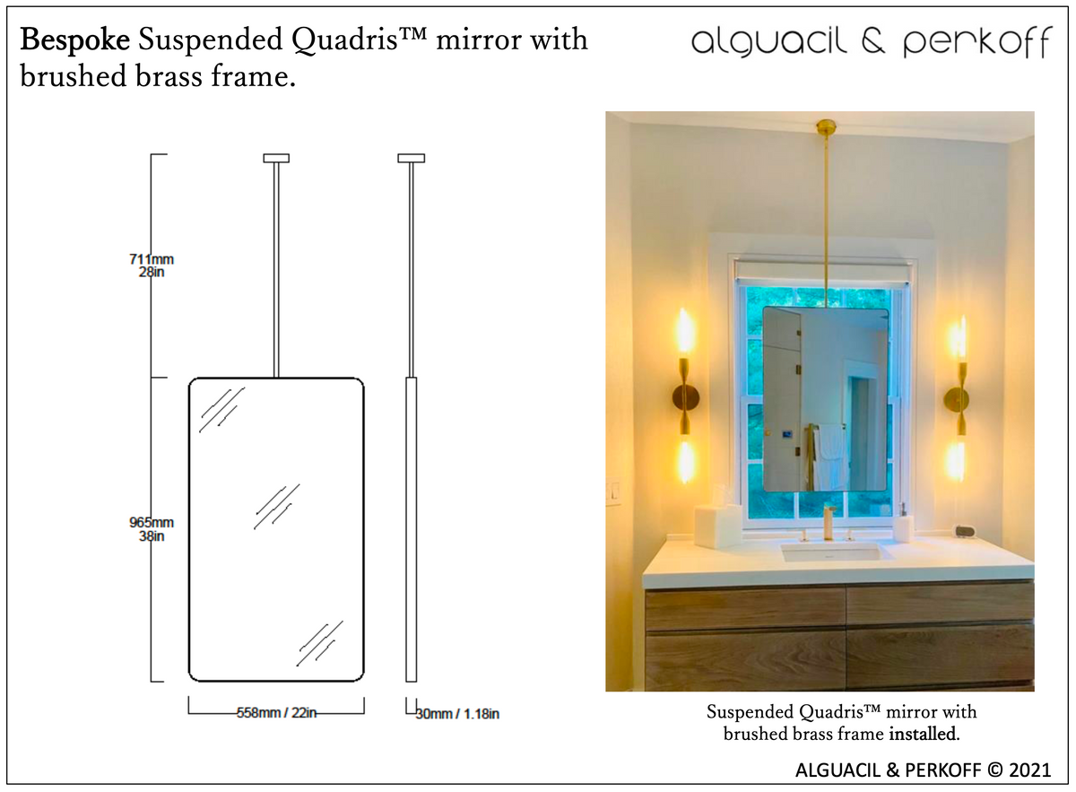 Bespoke Ceiling Suspended Quadris™ Mirror with an Elegant Brass Frame