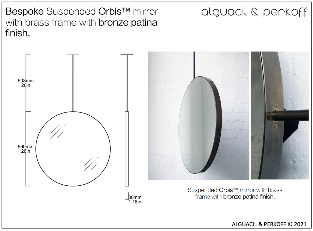 Bespoke suspended Orbis™ mirror with brass frame patina finish 26" Diamater