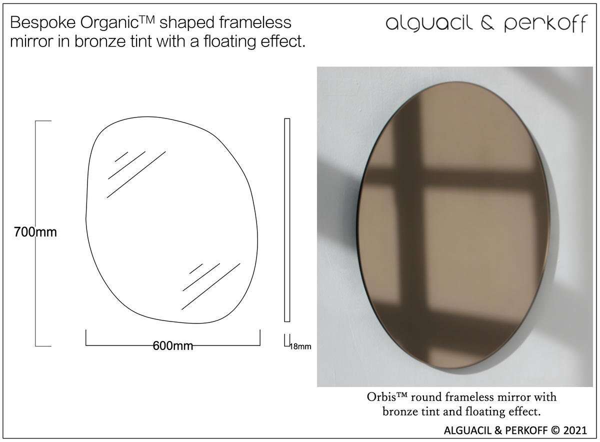 Bespoke Organic™ shaped frameless mirror in bronze tint with a floating effect