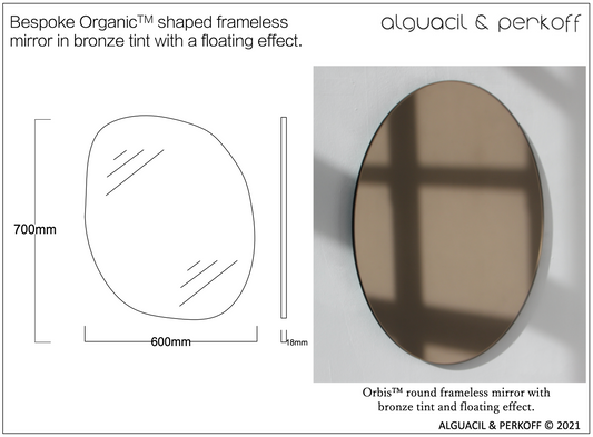 Bespoke Organic™ shaped frameless mirror in bronze tint with a floating effect