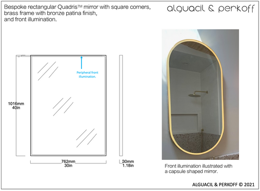 Customised rectangular Quadris™ mirror with brass frame with bronze patina and front illumination