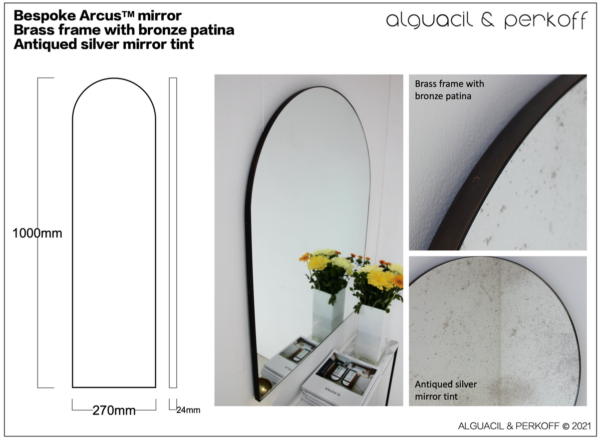 Bespoke Arcus™ Mirror Antiqued Silver Tint Brass Frame Bronze Patina