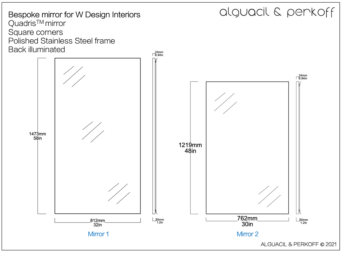 Set of Three Bespoke Quadris™ Mirrors Square Corners Polished SS Frame Back Illumination