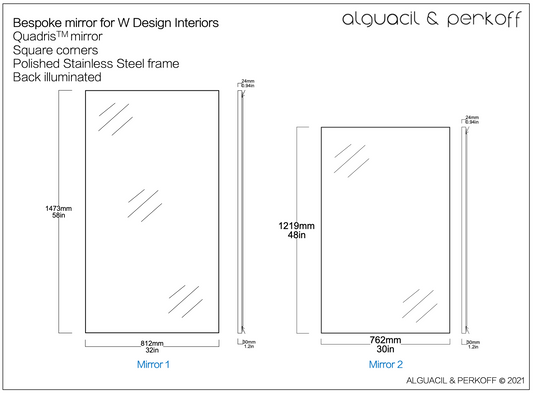 Set of Three Bespoke Quadris™ Mirrors Square Corners Polished SS Frame Back Illumination