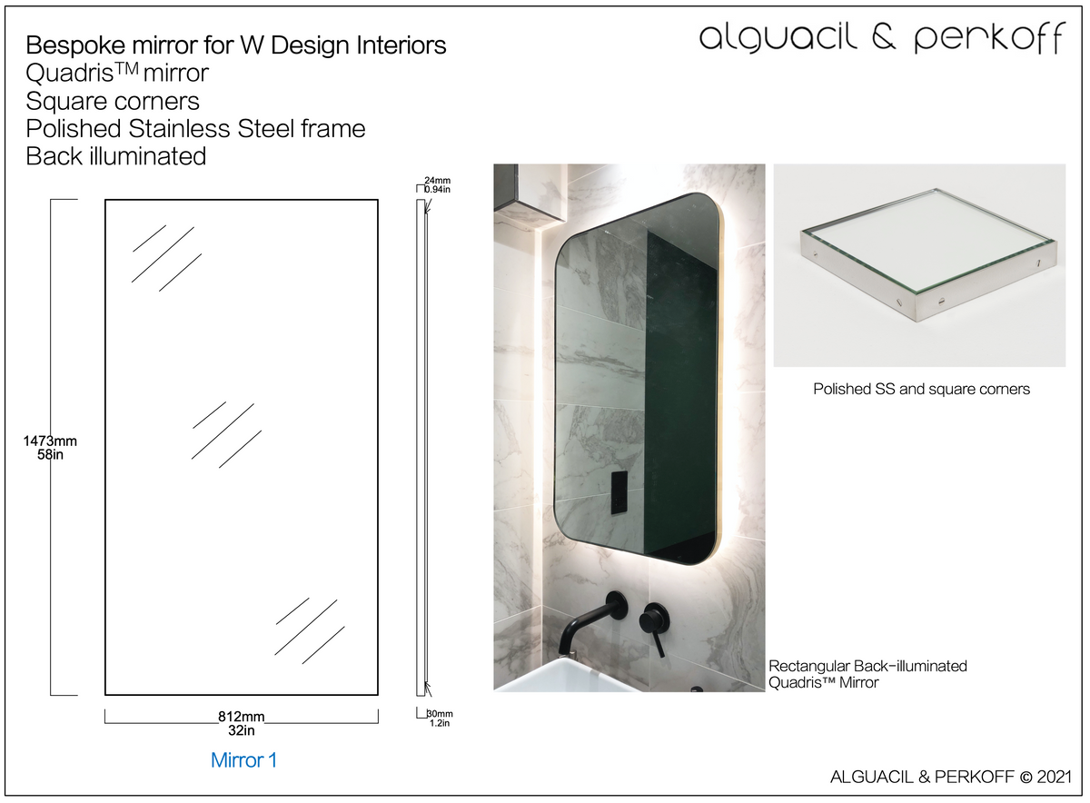 Set of Three Bespoke Quadris™ Mirrors Square Corners Polished SS Frame Back Illumination