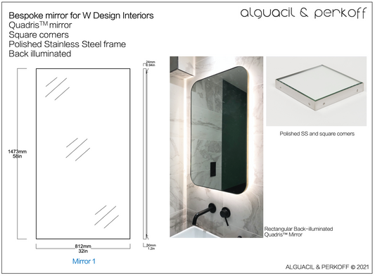 Set of Three Bespoke Quadris™ Mirrors Square Corners Polished SS Frame Back Illumination
