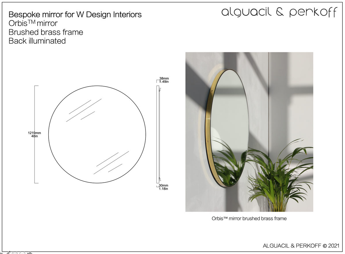Bespoke Orbis™ Round Mirror Brushed Brass Frame Back Illumination 48"