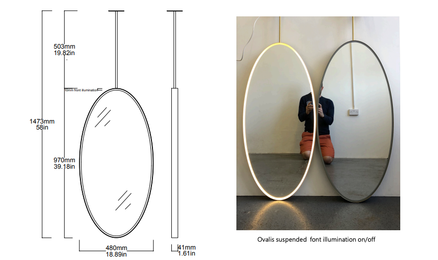 Bespoke Suspended Ovalis™ Mirror Nickel Plated Frame Front Illumination (970 x 480 x 41mm)